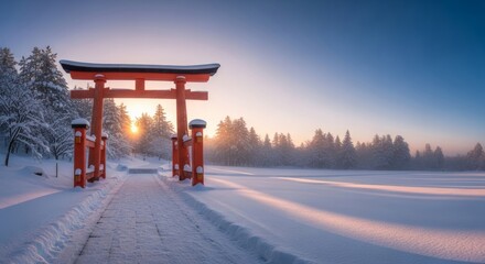 Japanese Shinto shrine torii in winter sunrise, snow-covered stone path