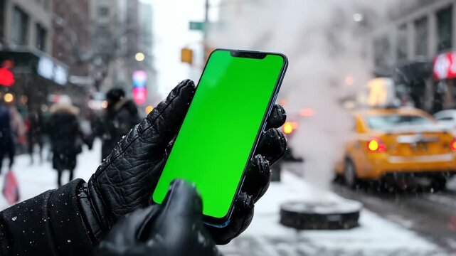 Green screen phone in NYC winter blizzard, ideal for app promo, vlog, or social media story with vibrant city street background