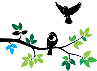 Birds silhouette perched on branch with colorful leaves and flying bird