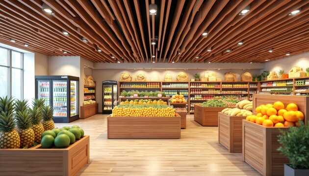 Modern grocery shop interior displays fresh fruits. Bright supermarket aisle full of colorful produce. Eco market with healthy food options. Store offers pineapples, oranges, green apples. Wood