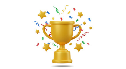 3d golden trophy cup and stars confetti around in cartoon . concept of victories or reward for achieving goals. realistic illustration isolated on white background. 3d rendering 69801834 1
