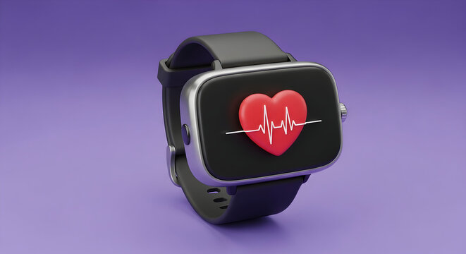 3d fitness bracelet or smart watch with heart sign and cardiogram on display in realistic . the concept of doing sports and cardio training.illustration isolated on purple background.3d ren 69403863 1
