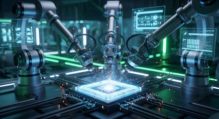 60 FPS cinematic view of robotic arms assembling a glowing microchip in a high-tech facility. Perfect for AI technology explainers automation promos engineering education innovation brandin 12730895 1