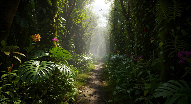 60 FPS lush tropical rainforest path with thick foliage and misty atmosphere evoking adventure mystery. Ideal for travel content nature education environmental storytelling cinematic scenes 35980435 1