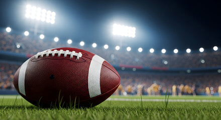 A close-up view of an American football resting on the field at night with dramatic stadium lights and a packed crowd in the background. Perfect for sports promos game day visuals or team b 11095940 1