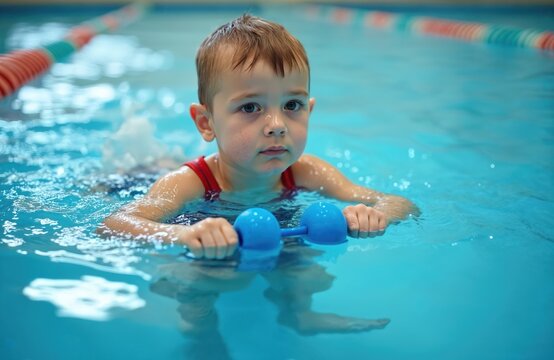 Little kid swims in blue pool. Boy trains with dumbbell, learns to swim. Child rehabilitation, swimming lessons in pool. Overcoming difficulties, positive attitude and friendship during recovery. - Powered by Adobe