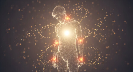 A person with fibromyalgia depicted as dots of light symbolizes severe pain and fatigue. This concept raises awareness of chronic pain highlighting issues of invisible illnesses 18910856 1