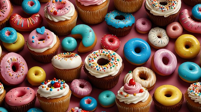 A delightful assortment of colorful donuts and cupcakes arranged in a vibrant, appetizing pattern, perfect for food and celebration themes.