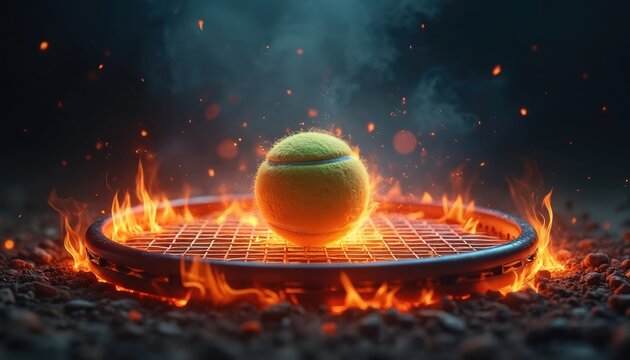 Tennis ball rests on racket engulfed in flames, simulating intense match action. Fiery sparks rise, creating dramatic, energetic visual for sports or competition themes.
