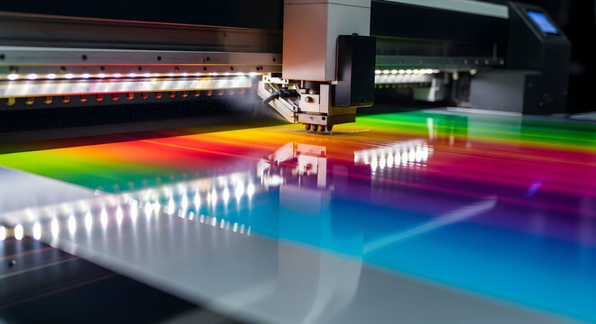 A wide format printer producing a vivid spectrum of colors showcasing its precision and high-quality output on a reflective surface against a dark backdrop 58347073 1