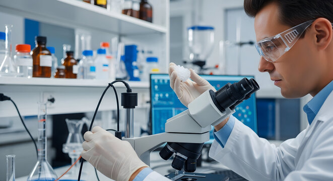 An engineer studying white polymer pellets in a polymer research laboratory essential for design and testing in the plastics industry 75303751 1