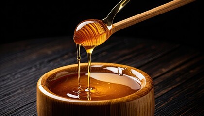 Close-up of golden honey dripping from a wooden honey dipper into a wooden bowl on a dark wood table background.