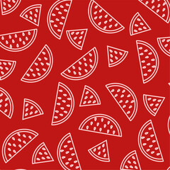 Watermelon Seamless Outline Pattern. Watermelon Slices Seamless Pattern. Cute Vector Fruit Outline on Red Background. Ideal for fruit patterns, kids' products, and cheerful vibrant backgrounds.