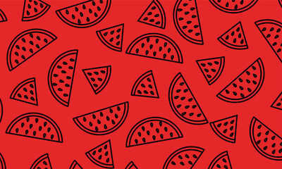 Fototapeta premium Watermelon Seamless Outline Pattern. Watermelon Slices Seamless Pattern. Cute Vector Fruit Outline on Red Background. Ideal for fruit patterns, kids' products, and cheerful vibrant backgrounds.