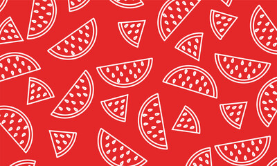 Watermelon Seamless Outline Pattern. Watermelon Slices Seamless Pattern. Cute Vector Fruit Outline on Red Background. Ideal for fruit patterns, kids' products, and cheerful vibrant backgrounds.