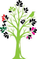 Stylized green tree with colorful leaves and a bird illustration
