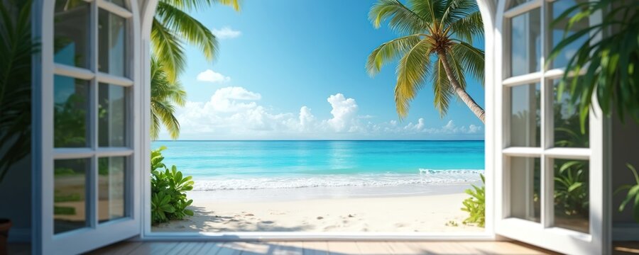 Open window stunning beach view. Turquoise sea meets white sand coastline under bright sky. Palm trees frame idyllic tropical landscape offering serene relaxation, escape. Image evokes tranquility,