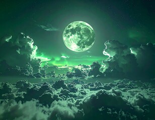 A vibrant nightscape showcasing a glowing emerald moon amidst swirling cloud formations, with starlight in the background