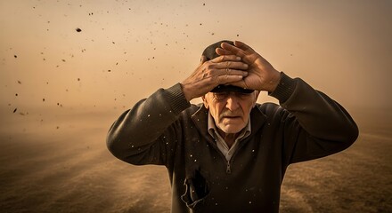 Elderly farmer shields eyes from dust storm, embodying resilience against harsh environmental challenges and agricultural hardship.