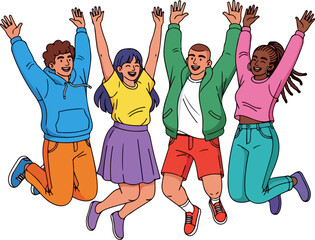 Diverse Group of Friends Jumping Joyfully Together Outdoors