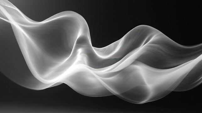 Digital art composition featuring an abstract fluid shape in white against a black background with soft curves and delicate lines creating flowing motion. - Powered by Adobe