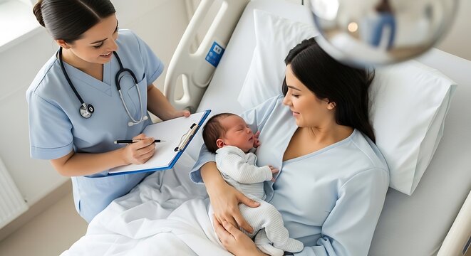 A new mother bonding with her newborn baby in a hospital bed while a nurse takes notes, capturing the precious moments of motherhood and postpartum care