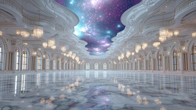 Opulent ballroom interior with a cosmic sky ceiling