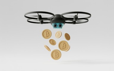 Drone dropping crypto coins for investment in future finance and global digital currency revolution concept on isolated background
