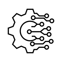 Obraz premium Black outline icon of a gear combined with branching digital circuit lines, representing modern technology,. vector illustration, pictogram isolated on white background. color editable