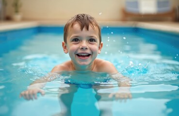 Young boy with Down syndrome happily splashes in bright blue swimming pool. He is learning to swim with joyful expressions, seems to enjoy water. This is positive portrayal of childhood, inclusion.