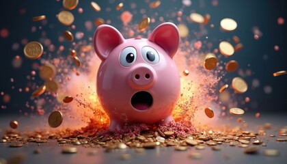 Pink piggy bank with a surprised face explodes gold coins. Money scatter around in all directions. Conceptual photo about finance savings business investment banking and economy.
