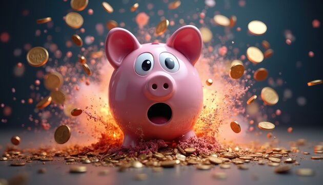 Pink piggy bank with a surprised face explodes gold coins. Money scatter around in all directions. Conceptual photo about finance savings business investment banking and economy. - Powered by Adobe