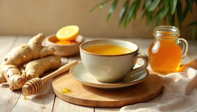 Healthy ginger tea setup with ceramic cup of warm herbal drink, fresh ginger roots, honey dipper, lemon slice. Honey jar, turmeric powder visible on light wood table. Natural light creates calm, cozy