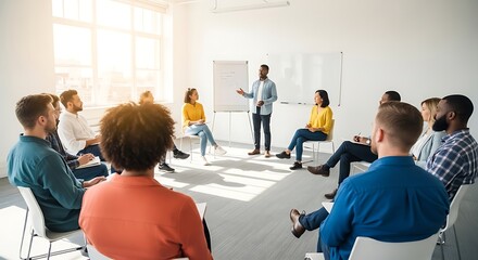 Diverse group of people sitting in circle at business training, listening to speaker, discussing ideas, brainstorming, sharing opinions, teamwork concept