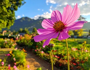 A vibrant pink flower, sunlight-kissed, blooms in a field of colorful blossoms with a mountain backdrop