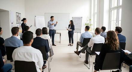 Business seminar with expert speakers, diverse audience, sharing ideas, discussing strategies, teamwork, corporate training, professional development, leadership