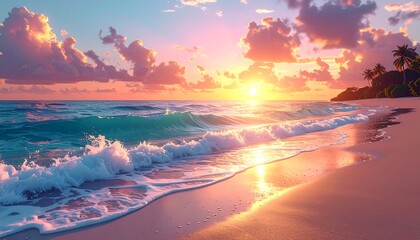 A vibrant sunset casts a warm glow over a tropical beach, with gentle waves lapping the shore, under a sky filled with clouds