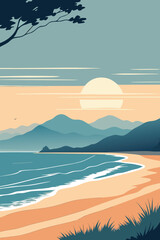 Obraz premium Coastal sunset landscape with mountains and beach