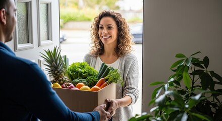 Woman receives box of fresh organic groceries delivered to her doorstep