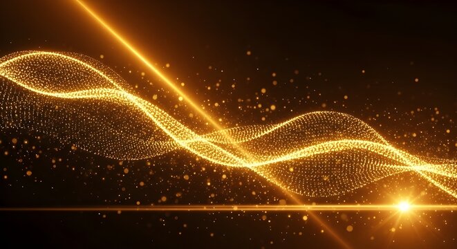 Abstract glowing golden wave of light and digital data streams against a dark background