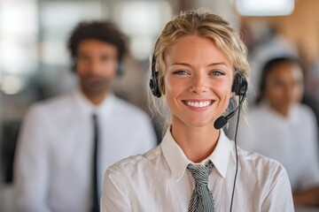 Smiling woman wearing headset in a modern office environment, engaged in customer service, with colleagues in the background, showcasing teamwork and professionalism