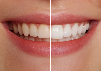 Close-up of a woman's smile showcasing dental transformation with before and after comparison, highlighting improved whiteness and alignment of teeth for oral health awareness