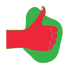 Vibrant Red Hand Giving a Thumbs Up Gesture on a Green Abstract Shape