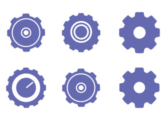 Collection of Six Individual Purple Gear Icons Representing Settings and Mechanics