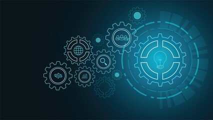 Modern technology background with glowing gear icons light bulb symbol network elements and digital tech theme ideal for innovation business solutions analysis teamwork and progress concepts