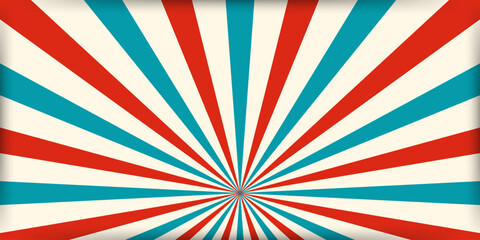 Fototapeta premium Striped retro circus banner empty central space for headline. Vintage design for poster template,magic show, theatre, attractions, carnival events. Horizontal vector illustration red blue beige colors