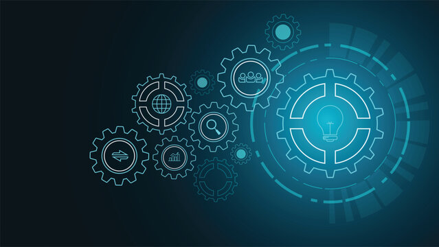 Modern technology background with glowing gear icons light bulb symbol network elements and digital tech theme ideal for innovation business solutions analysis teamwork and progress concepts