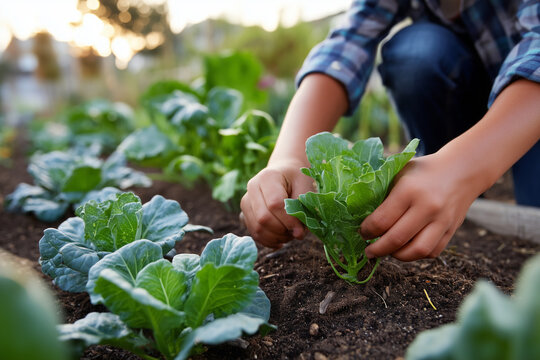 Close-up Family tending shared community garden bed, vegetables growing, warm evening light, social connection, 