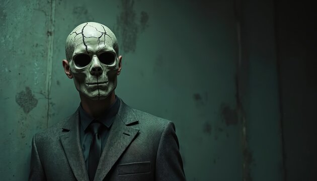 Man wears cracked skull mask. Person in suit poses in darkness. Symbol of hidden face, anonymous nature. Concept of deception, lost identity in personality disorder. Theme of social anxiety,
