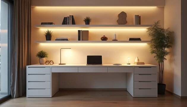 Clean white desk with open shelves above. Warm LED light accentuates books and decor. Laptop and plants complete modern workspace, ready for productivity.